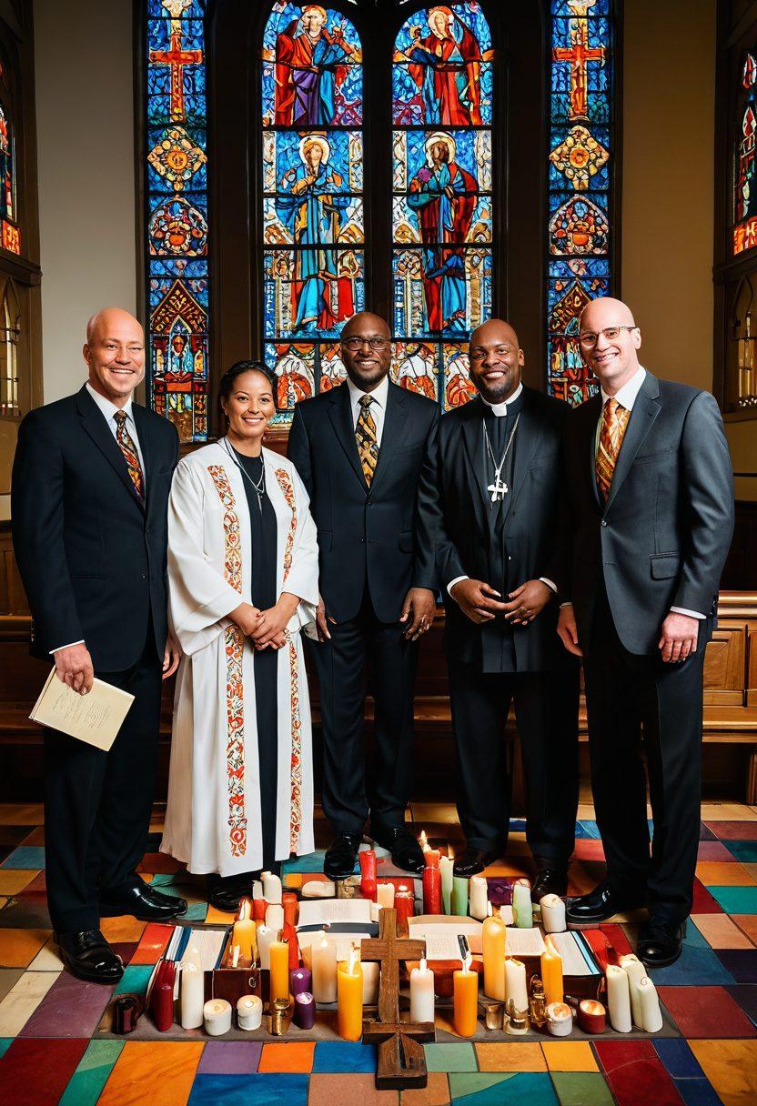 A diverse group of ordained ministers in contemporary attire, standing together in a vibrant community setting, showcasing unity and faith. Various cultural backgrounds are represented, and they hold symbols of their faith, such as books, crosses, and candles, against a backdrop of an inviting modern church. Sunlight filters through stained glass windows, creating colorful patterns on the floor, emphasizing inclusivity and hope. bright and uplifting. vibrant colors. super-realistic.