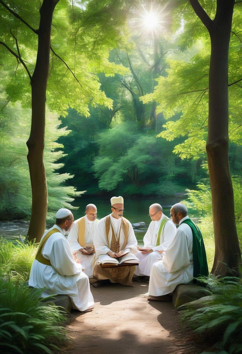 A serene scene depicting a diverse group of clergy members engaged in a circle of discussion amidst a tranquil natural setting, with sunlight filtering through the trees. Each clergy member represents different faiths, showcasing their unique robes and symbols of spirituality, while they hold open books and notepads, symbolizing the blend of theology and practice. A gentle river flows nearby, emphasizing growth and tranquility. soft focus, vibrant colors, watercolor style.