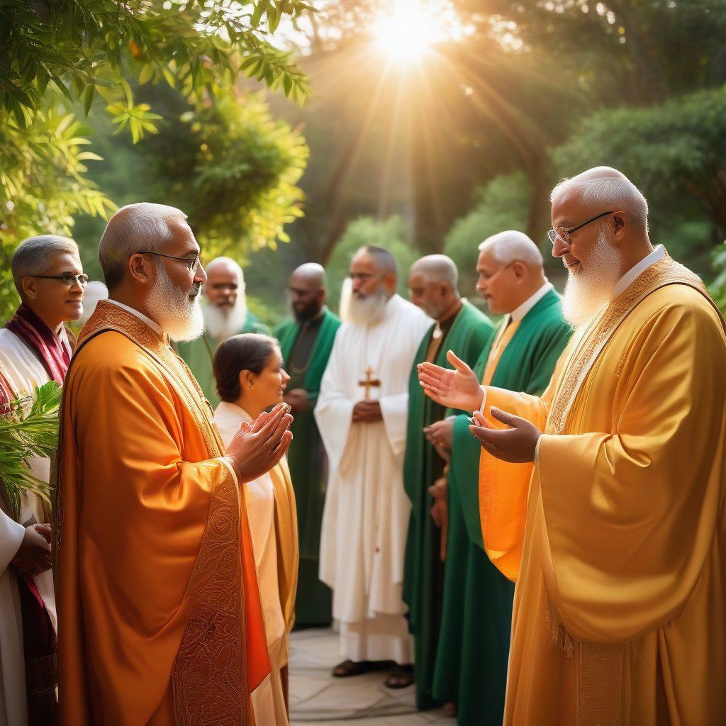 A serene scene depicting diverse ordained leaders in a vibrant faith community, engaging with their congregation under a radiant sunrise. The leaders, dressed in traditional robes, each represent different faiths, symbolizing unity. In the background, a beautiful, modern church stands surrounded by lush greenery. Soft beams of light illuminate their faces, conveying warmth and divine guidance. super-realistic. vibrant colors. peaceful atmosphere.